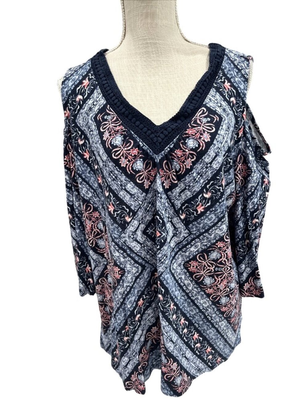 Style & Co Crochet Trim Cold-Shoulder Top Floral & Paisley Print Multicolor XL